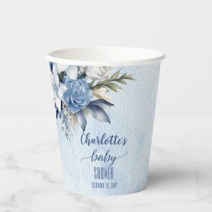 Elegant Blue Winter Floral Boy Baby Shower Paper Cups