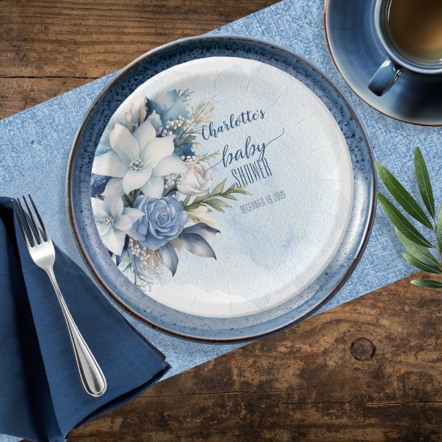 Elegant Blue Winter Floral Boy Baby Shower Paper Plate (Elegant Blue Winter Floral Boy Baby Shower Paper Plates)