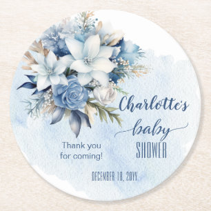 Elegant Blue Winter Floral Boy Baby Shower Round Paper Coaster