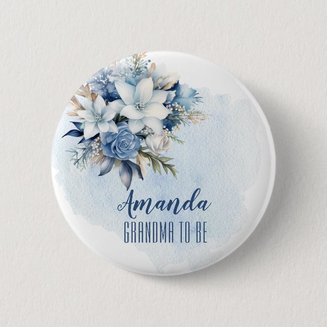 Elegant Blue Winter Floral Shower Dad to Be 2 Inch Round Button (Front)