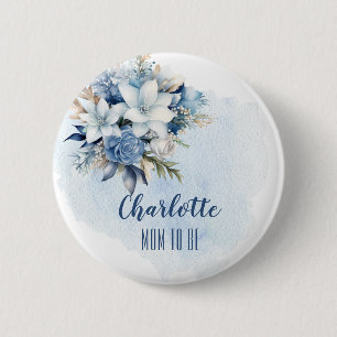 Elegant Blue Winter Floral Shower Mom to Be 2 Inch Round Button