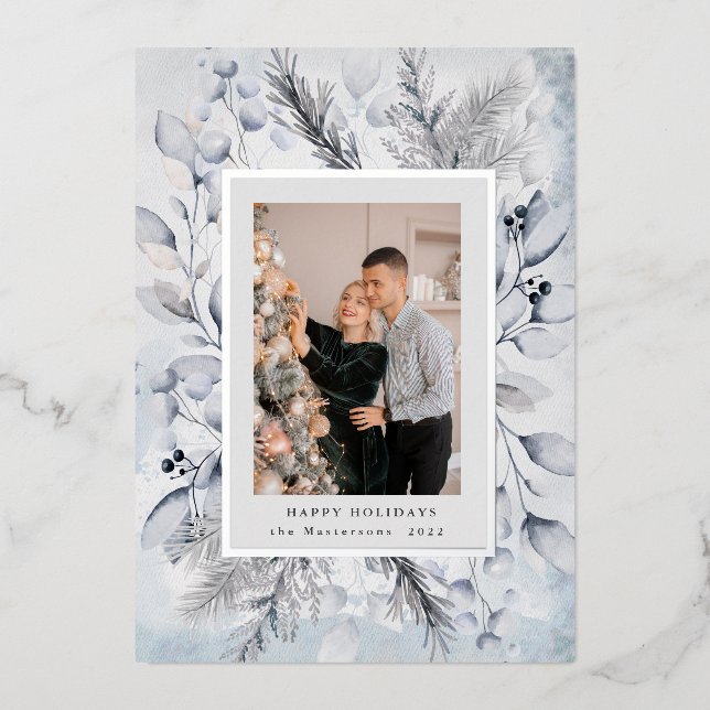 elegant blue winter foliage photo holiday card (Front)