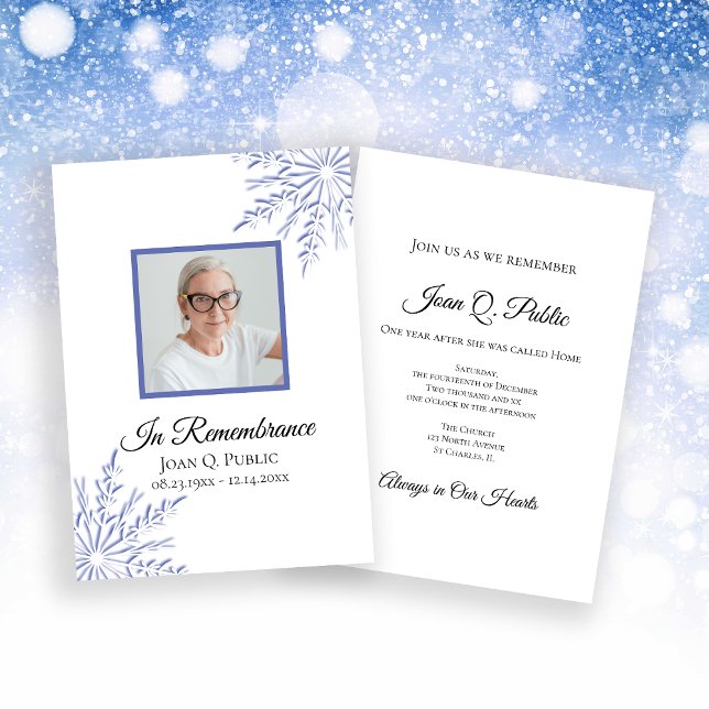 Elegant Blue Winter Snowflakes Death Anniversary Invitation (Creator Uploaded)