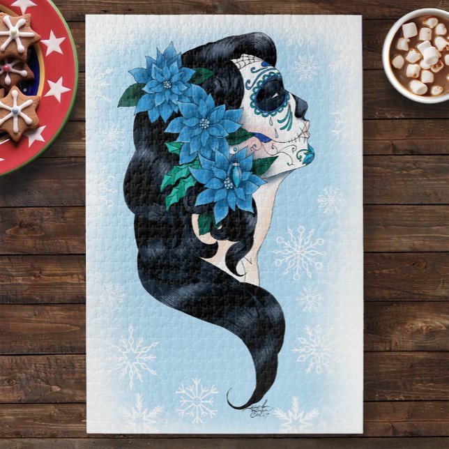 Elegant Blue Winter Sugar Skull Floral Woman Jigsaw Puzzle (Creator Uploaded)