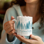 Elegant Blue Winter Trees Christmas Family Reunion Coffee Mug<br><div class="desc">An elegant row of winter fir trees and snowflakes above your personalized Merry Christmas script and your family last name in pretty blue below the snow filled forest. Modern annual holiday family reunion keepsake mug gift with your custom message.</div>