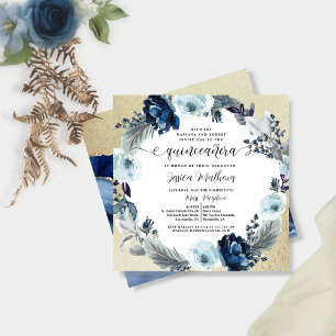 Elegant Blue with Gold Floral Quinceañera Invitation
