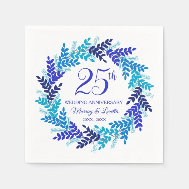 Elegant Blue Wreath 25th Anniversary Party Napkins (Front)