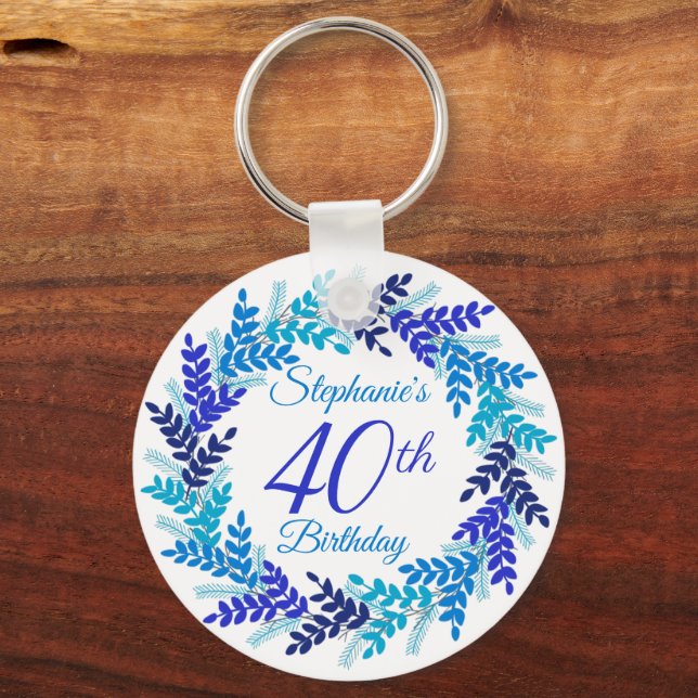 Elegant Blue Wreath 40th Birthday Keychain (Front)