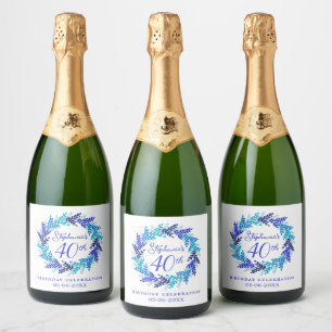 Elegant Blue Wreath 40th Birthday Sparkling Wine Label