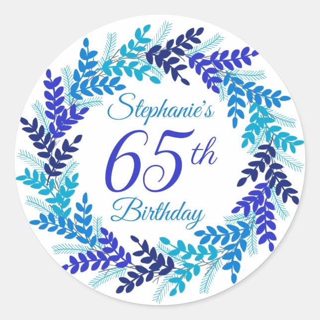 Elegant Blue Wreath 65th Birthday Classic Round Sticker (Front)