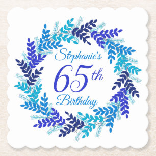 Elegant Blue Wreath 65th Birthday Paper Coaster