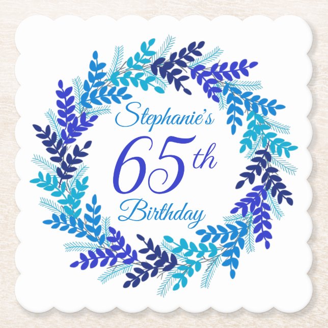 Elegant Blue Wreath 65th Birthday Paper Coaster (Front)
