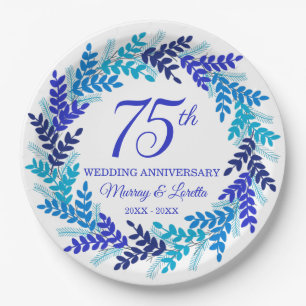 Elegant Blue Wreath 75th Anniversary Party Paper Plate
