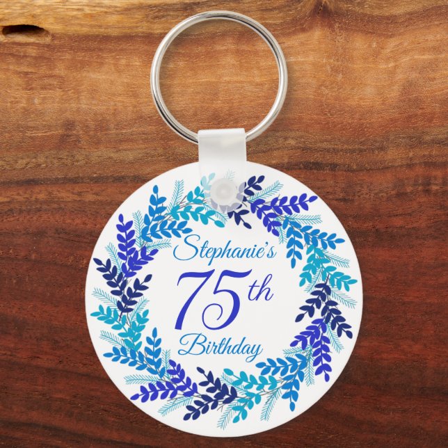 Elegant Blue Wreath 75th Birthday Keychain (Front)