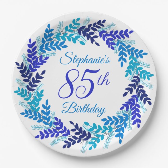 Elegant Blue Wreath 85th Birthday Paper Plate (Front)