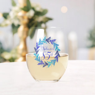 Elegant Blue Wreath 85th Birthday Party Stemless Wine Glass