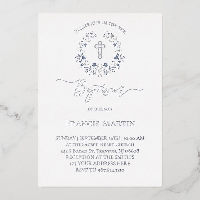 elegant blue wreath Baptism silver (Front)