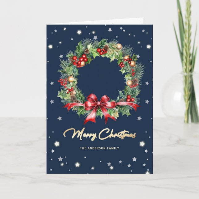Elegant Blue Wreath Photo Merry Christmas Card (Front)