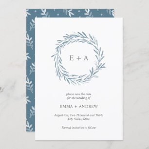 Elegant Blue Wreath Save the Date - Back Pattern Invitation