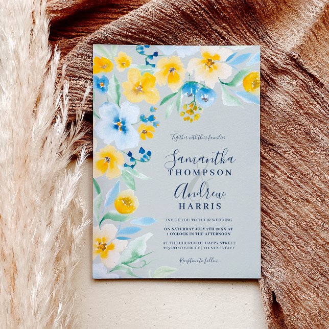 Elegant blue yellow floral watercolor wedding invitation (Creator Uploaded)