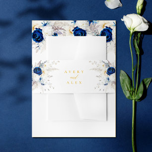 Elegant Blue & Yellow Flowers Calligraphy Wedding Invitation Belly Band