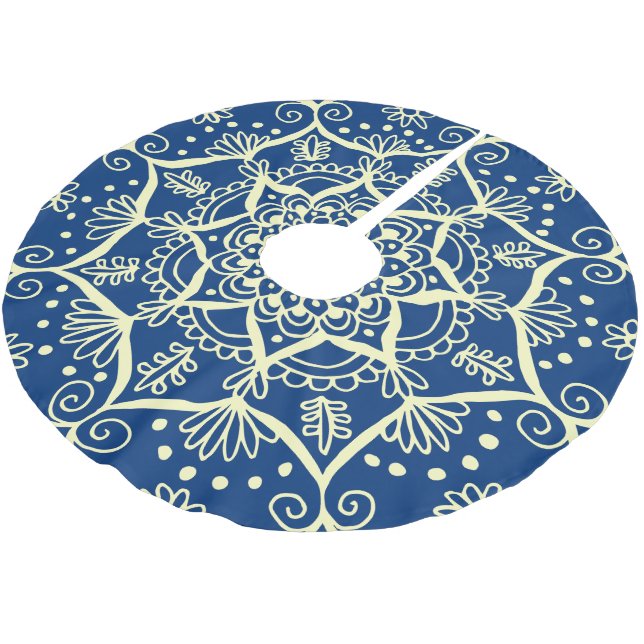 Elegant Blue Yellow Holiday Mandala Boho Christmas Brushed Polyester Tree Skirt (Angled)