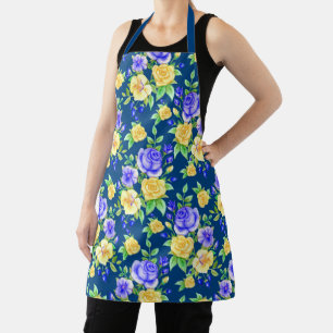 Elegant Blue Yellow Rose Floral Pattern Apron