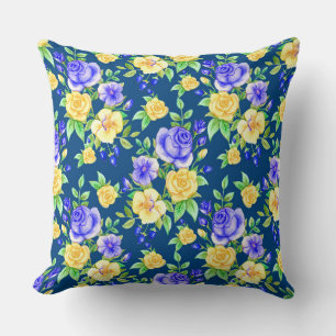 Elegant Blue Yellow Rose Floral Pattern Throw Pillow