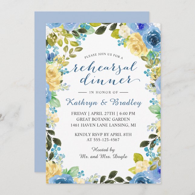 Elegant Blue Yellow Rose Garden Rehearsal Dinner Invitation (Front/Back)