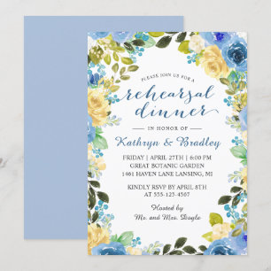 Elegant Blue Yellow Rose Garden Rehearsal Dinner Invitation
