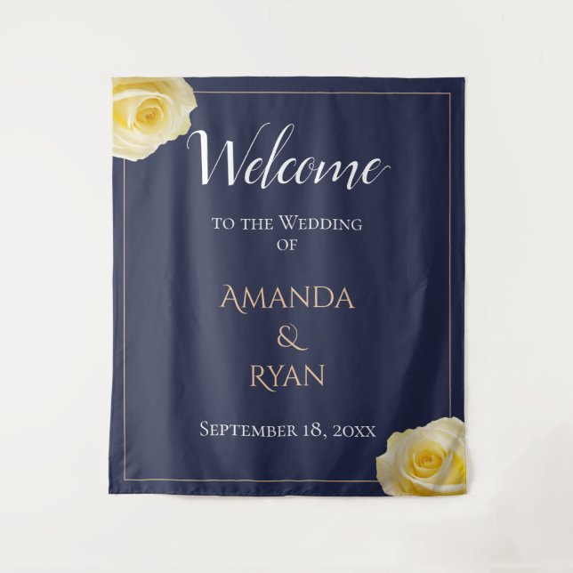 Elegant Blue Yellow Roses Floral Wedding Welcome  Tapestry (Front)