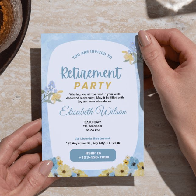 Elegant Blue & Yellow Watercolor Floral Retirement Holiday Card (Elegant Blue & Yellow Watercolor Floral Retirement Party Invitation Template)