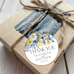 Elegant Blue Yellow Wildflowers Wedding Thank You Classic Round Sticker