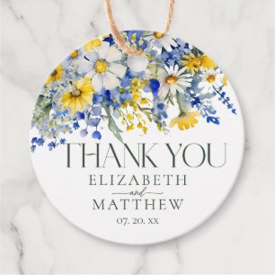 Elegant Blue Yellow Wildflowers Wedding Thank You Favour Tags