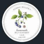 Elegant Blueberry on White Jam jar  Classic Round Sticker<br><div class="desc">Elegant Personalized hand painted watercolor vintage style Blueberry  jam label on crisp White background. Use for your homemade jam's or anything you choose. Makes great gift. Fill your information on label and enjoy.</div>