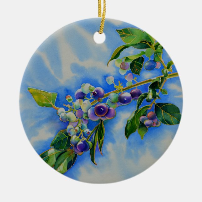 Elegant blueberry watercolor painting ceramic ornament (Front)