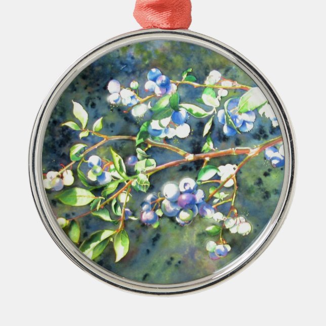 Elegant blueberry watercolor painting metal ornament (Front)