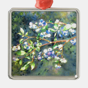 Elegant blueberry watercolor painting metal ornament