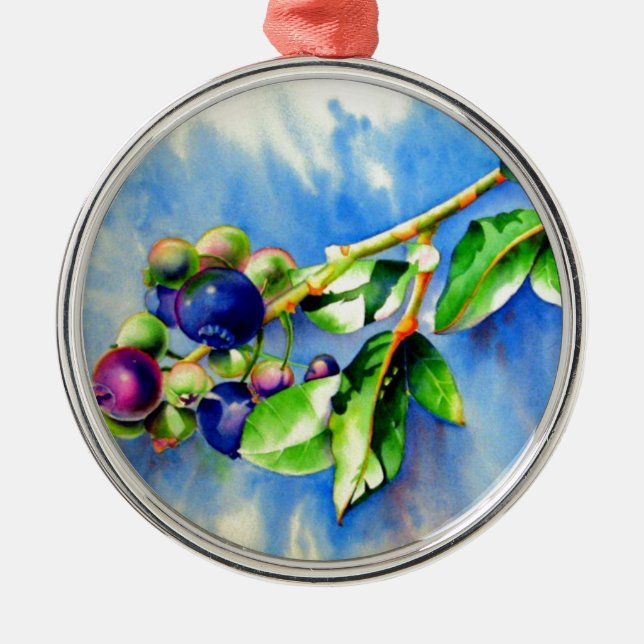 Elegant blueberry watercolor painting metal ornament (Front)