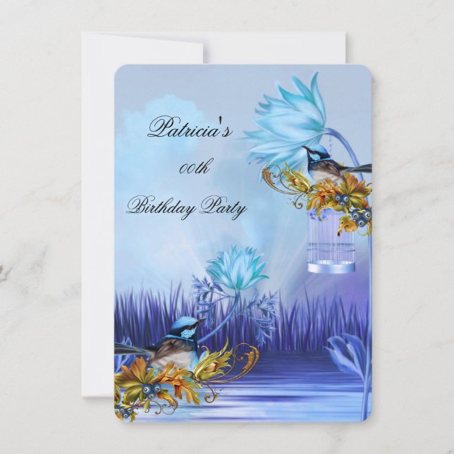 Elegant Bluebird Blue Teal Lilac Gold Birthday Invitation (Front)