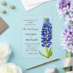 Elegant Bluebonnet Texas Watercolor Floral Wedding Acrylic Invitations