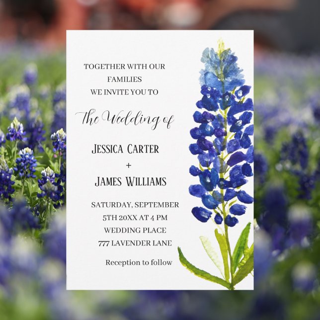 Elegant Bluebonnet Texas Watercolor Floral Wedding Invitation (Creator Uploaded)