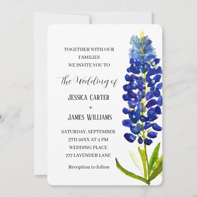 Elegant Bluebonnet Texas Watercolor Floral Wedding Invitation (Front)