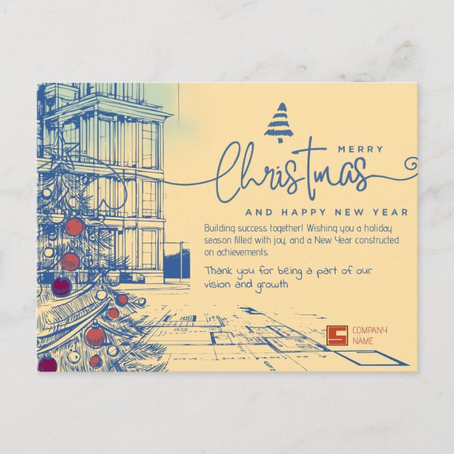 Elegant Blueprint Christmas and Architecture  Holiday Postcard (Front)