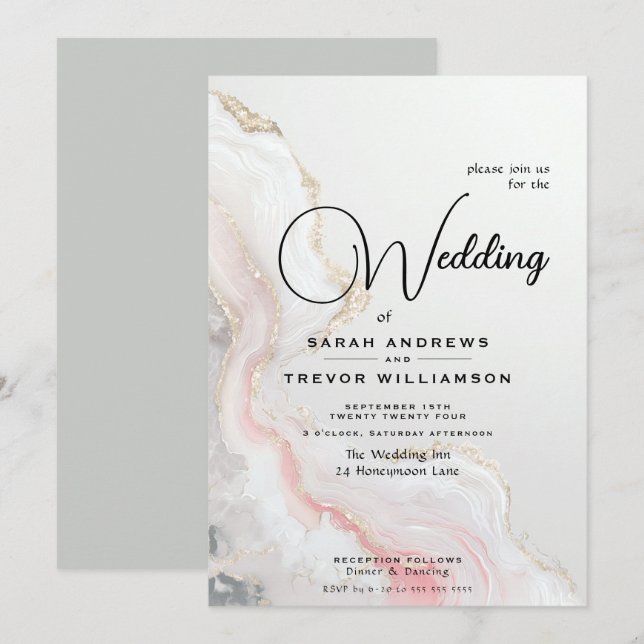 Elegant Blush Agate Fluid Ink  Invitation (Front/Back)