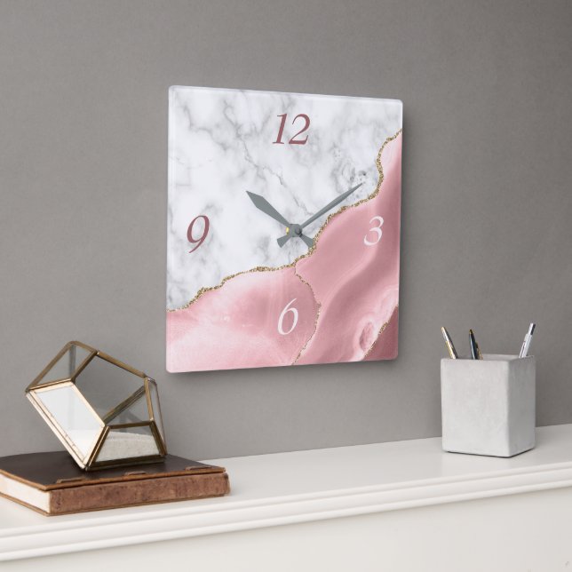 Elegant Blush Agate Gold Glitter Marble Square Wall Clock (Office)
