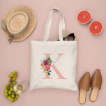 Elegant Blush and Burgundy Floral Monogram Initial Tote Bag<br><div class="desc">Elegant custom tote bag features a beautiful watercolor floral bouquet design in burgundy,  merlot,  and peach with greenery. Personalize the rose gold / blush pink coloured text with a first or last name initial. Makes a unique gift for your bridesmaids and other members of your bridal party.</div>