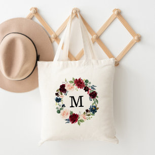 Elegant Blush and Burgundy Floral Wreath Monogram Tote Bag