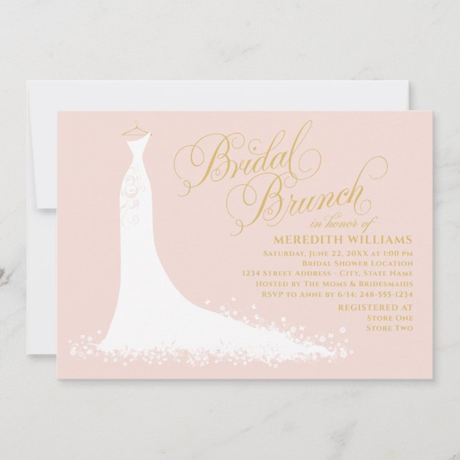 Elegant Blush and Gold Wedding Gown Bridal Brunch Invitation (Front)