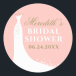 Elegant Blush and Gold Wedding Gown Bridal Shower Classic Round Sticker<br><div class="desc">Round bridal shower favour stickers feature a wedding gown,  a colour scheme of white,  blush / coral pink,  and antique gold,  and custom text that can be personalized with the bride's name and event date.</div>